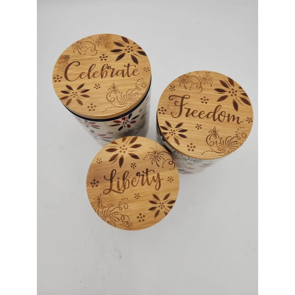 Temptations By Tara Set Of 3 Patriotic Cannisters W/Bamboo Lids